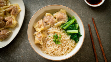 dumpling and noodles in a bowl