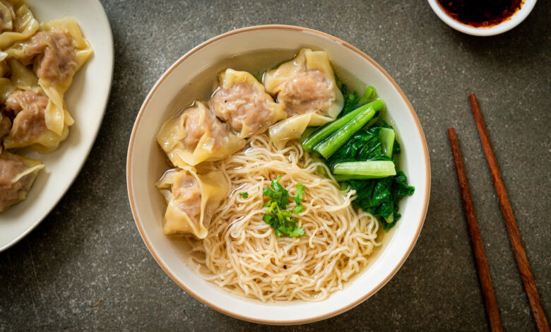 dumpling and noodles in a bowl